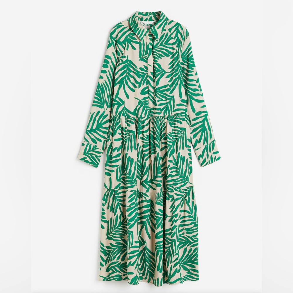 H&M Green Leaf Print Long Sleeve Maxi Dress